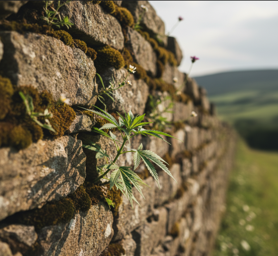 A single cannabis leaf with dewdrops on a soft, blurred background