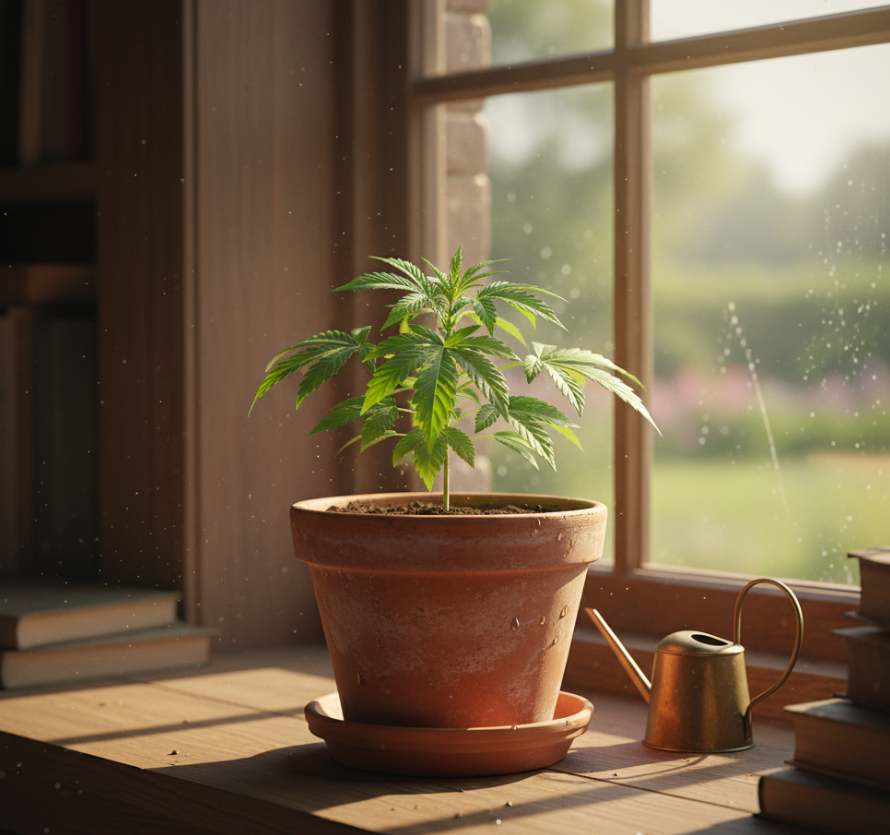 Healthy cannabis plant leaves reaching towards a soft light source